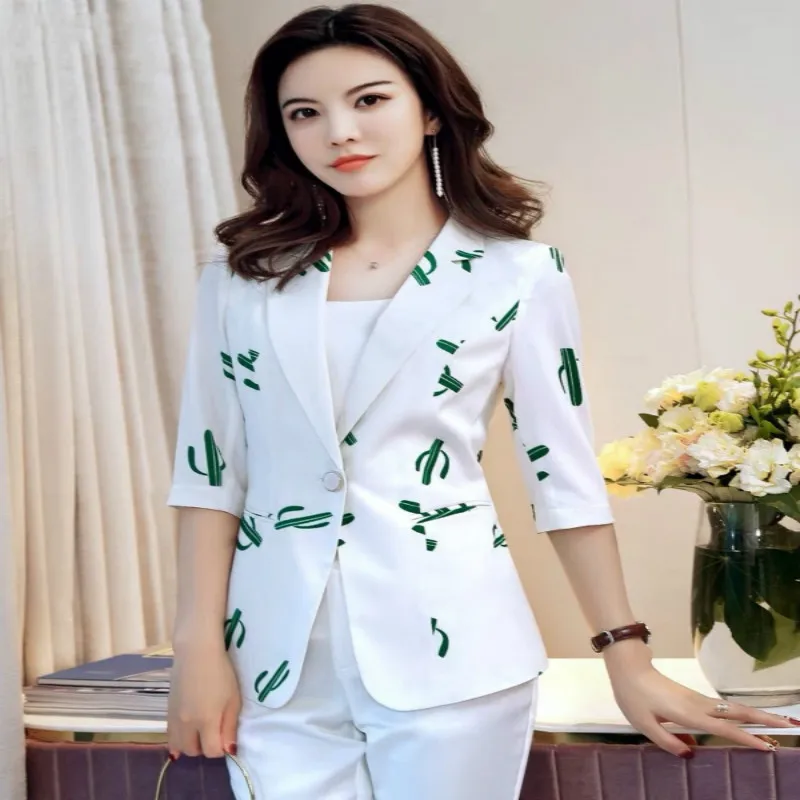 

Women blazers and jackets small suit spring new OL professional white one button printed female jacket temperament casual suit
