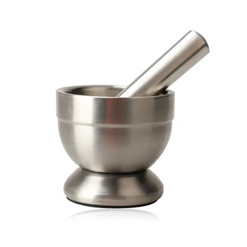 

Double Stainless Steel Metal Mortar Salt And Pestle Pedestal Bowl Garlic Press Pot Herb Mills Pepper Spice Grinder Pot