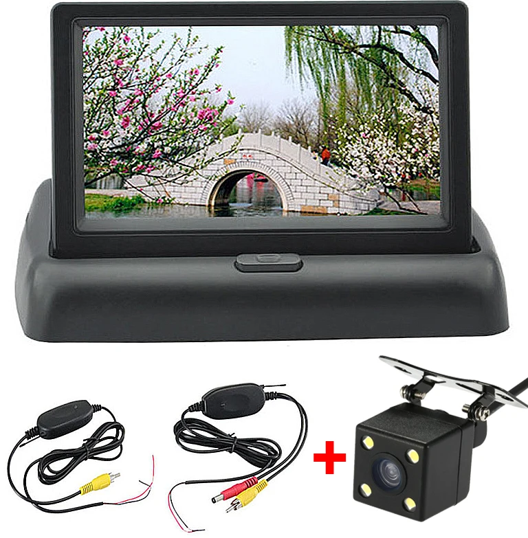 Car Wireless Parking Camera Monitor Video System, DC 12V Folding Car Foldable Monitor With Rear View Camera + Wireless Video Kit