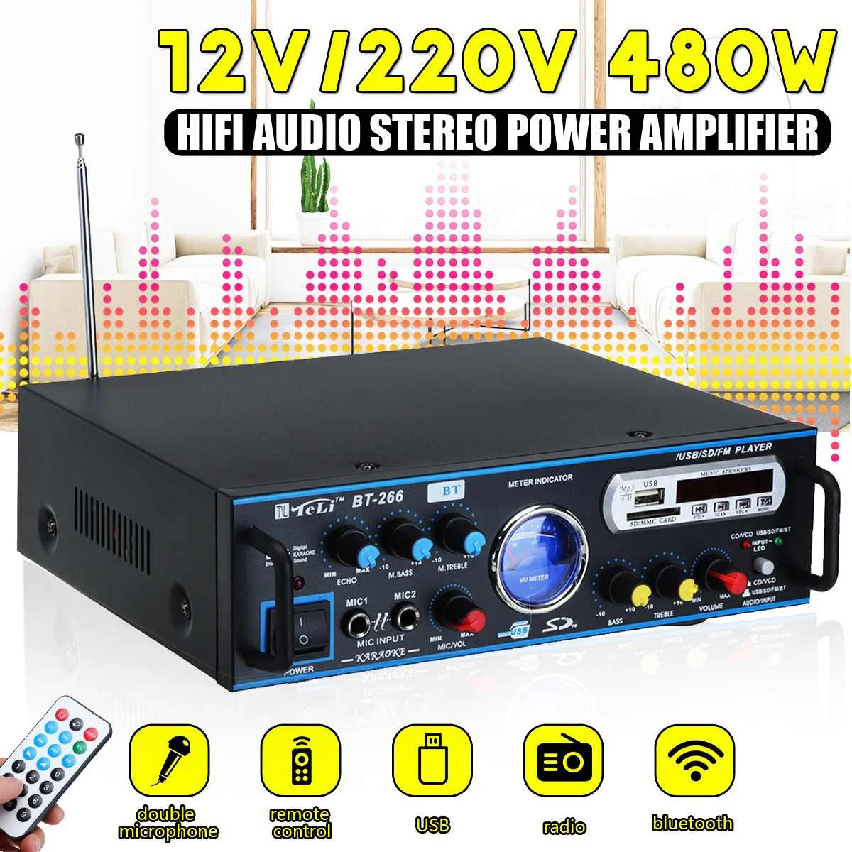 

CLAITE AC 220V DC 12V Remote Control Audio Power Amplifier Theater Amplifiers Audio LCD Display Support FM USB bluetooth