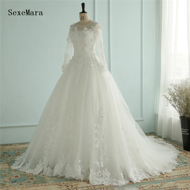 Винтаж слоновая кость белый 3D свадебное платье с цветами свадебное платье с длинным рукавом на шнуровке сзади на заказ Высокое качество