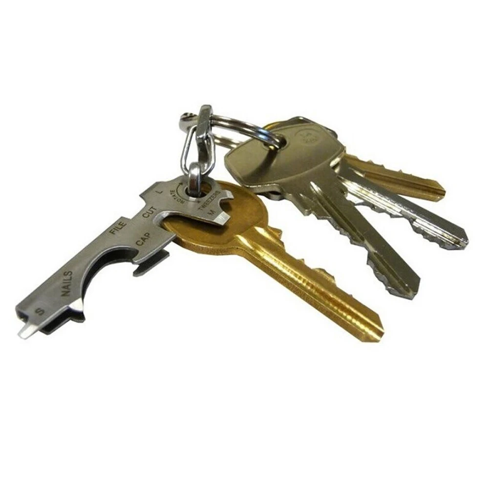 

Multifunctional Tool Key Holder 8 in 1 Bottle Opener Keychain Gadget Outdoor Hanging Buckle Key Clip Stainless Steel Keyrings