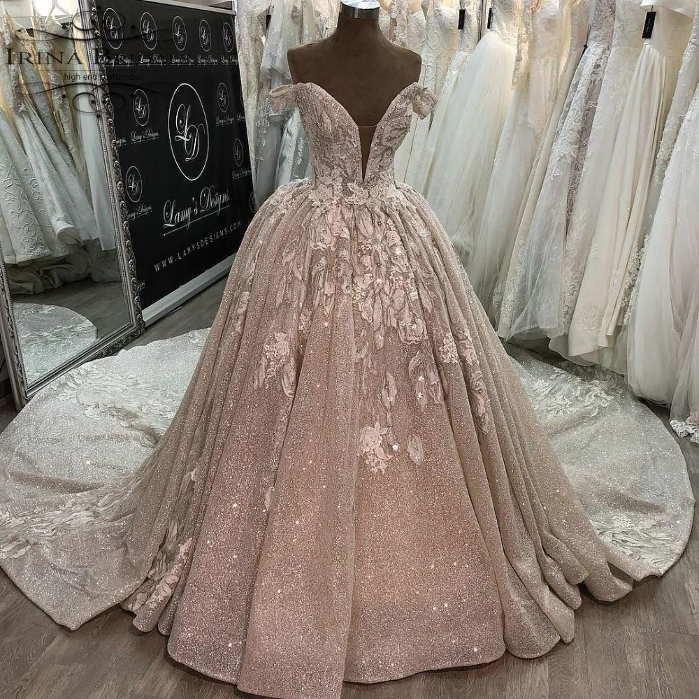 

robes de mariee robe de mariages Off Shoulder Lace Applique Shiny Luxury Wedding Dress