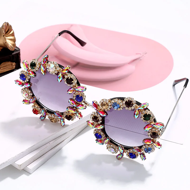 Сексуальные круглые хрустальные солнцезащитные очки для женщин с бриллиантами UV400 зеркальные линзы Роскошные брендовые негабаритные женские очки винтажные