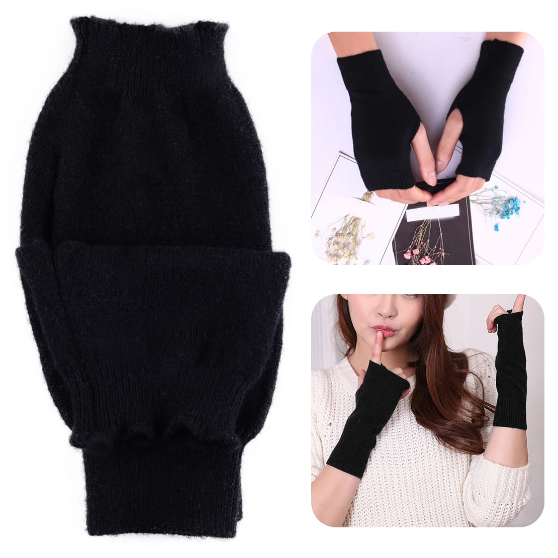 Black Cashmere Wool Gloves Half Finger Autumn Winter Warmer Glove
