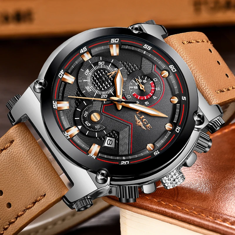 LIGE 2018 New Men Fashion Casual Chronograph Men Business Sport Watches Men Waterproof Leather Quartz Watches Relogio Masculino