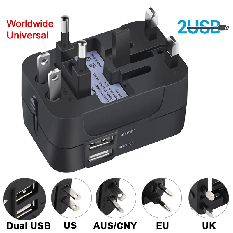 

For US/EU/UK/AUS Travel Adapter Internationa Universal Power Adapter All-in-one Socket 2.1A Dual USB Worldwide Wall Charger Plug