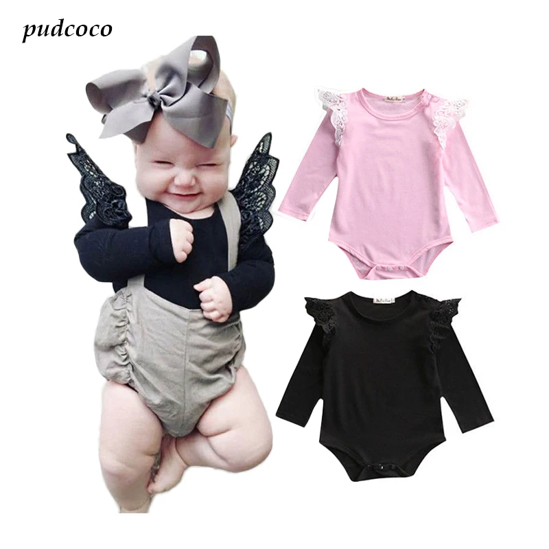 

2017 Hot Newborn solid bat sleeve Baby Girl Bodysuit Lace Long Sleeve Bodysuit Jumpsuit Clothes Outfits 0-24M