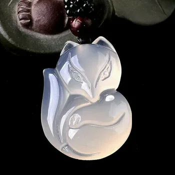 

100% Natural White Chalcedony Pendant Carved Cute Fox Amulet Lucky Pendant Necklace Fashion Blessing Pendants Lover's Jewelry