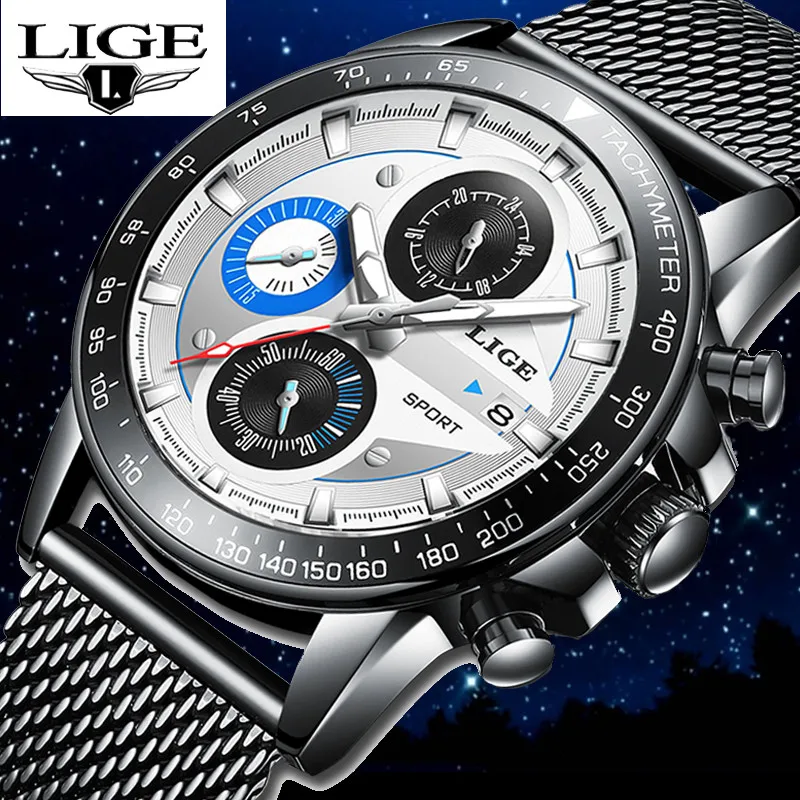 

LIGE 2019 New Sport Waterproof Luxury Quartz reloj hombre Top Brand Steel Mesh Belt Date Chronograph Fashion relogio masculino