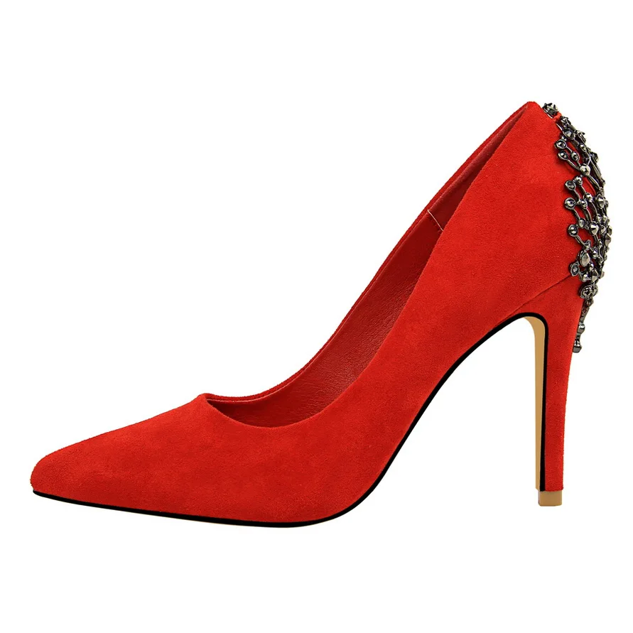 Women high heels Party wedding shoes 2019 crystal string bead Glitter pumps Elegant Sexy pump Dance club Flock red pointed toe Women high heels Party wedding shoes 2019 crystal string bead Glitter pumps Elegant Sexy pump Dance club Flock red pointed toe