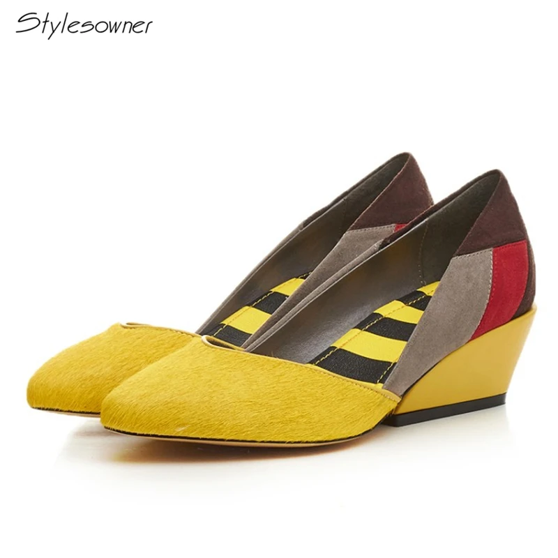 

Stylesowner Hot Fashion Slip On Thick High Heels Women Pumps Pointed Toe Horsehair Mixed Color Elegant Women Party Dress Shoes