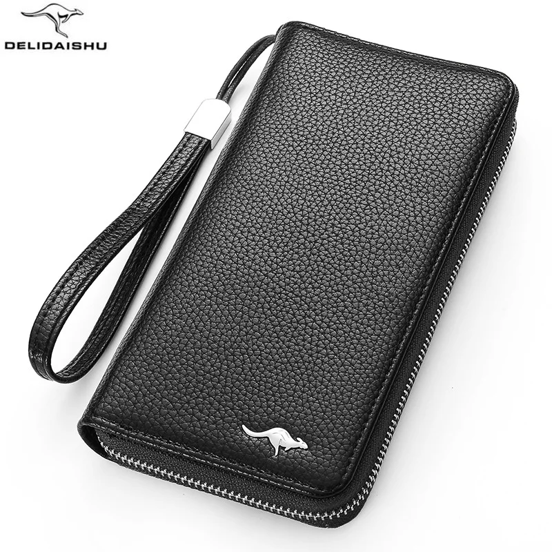 

Brand kangaroo Men wallet high quality zipper wallets with strap fashion men's long card purse clutch phone bag for male