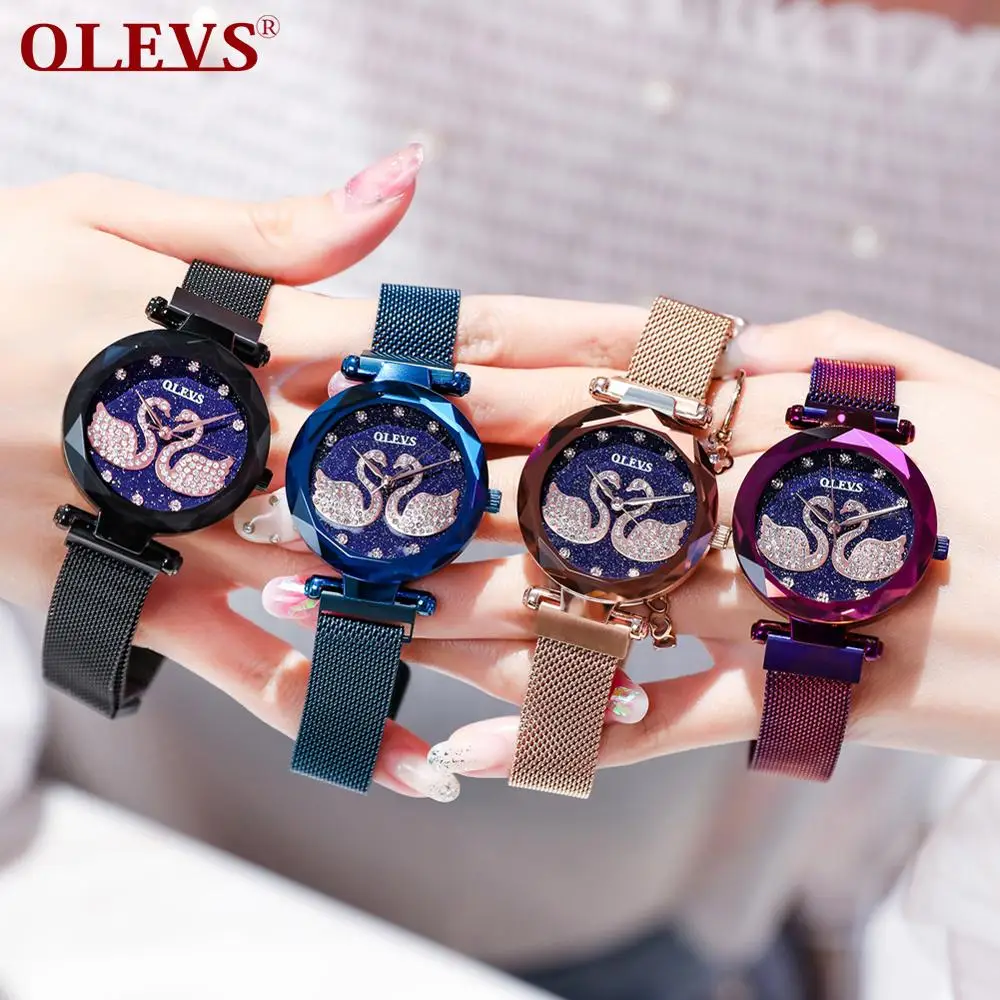 Olevs Fashion Trends 2019 Latest Design Quartz Women's Watch Swan Inlay Zircon Quartz Watch Black/Blue/Gold/Purple