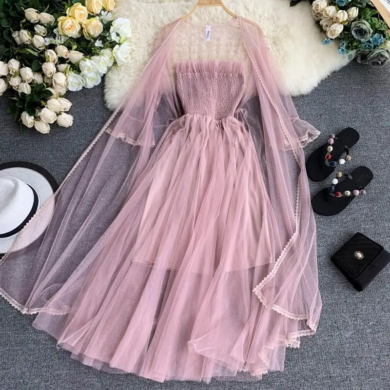 

Summer Women Dresses Ladies Strapless High Waist Pleated Maxi Dress + Outwear Suncress Long Sleeve Fairt Mesh Clothes Two-piece