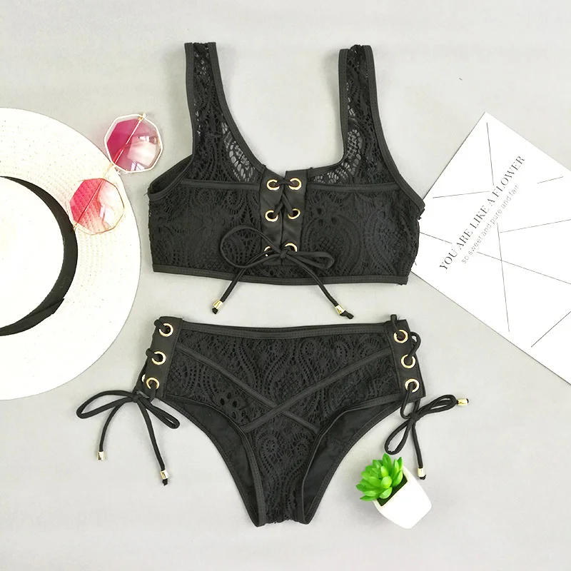 sexy Solid bikini set Swimwear women Push Up black white Lace high-waisted swimsuit beach bathing suit plus size S-XL
