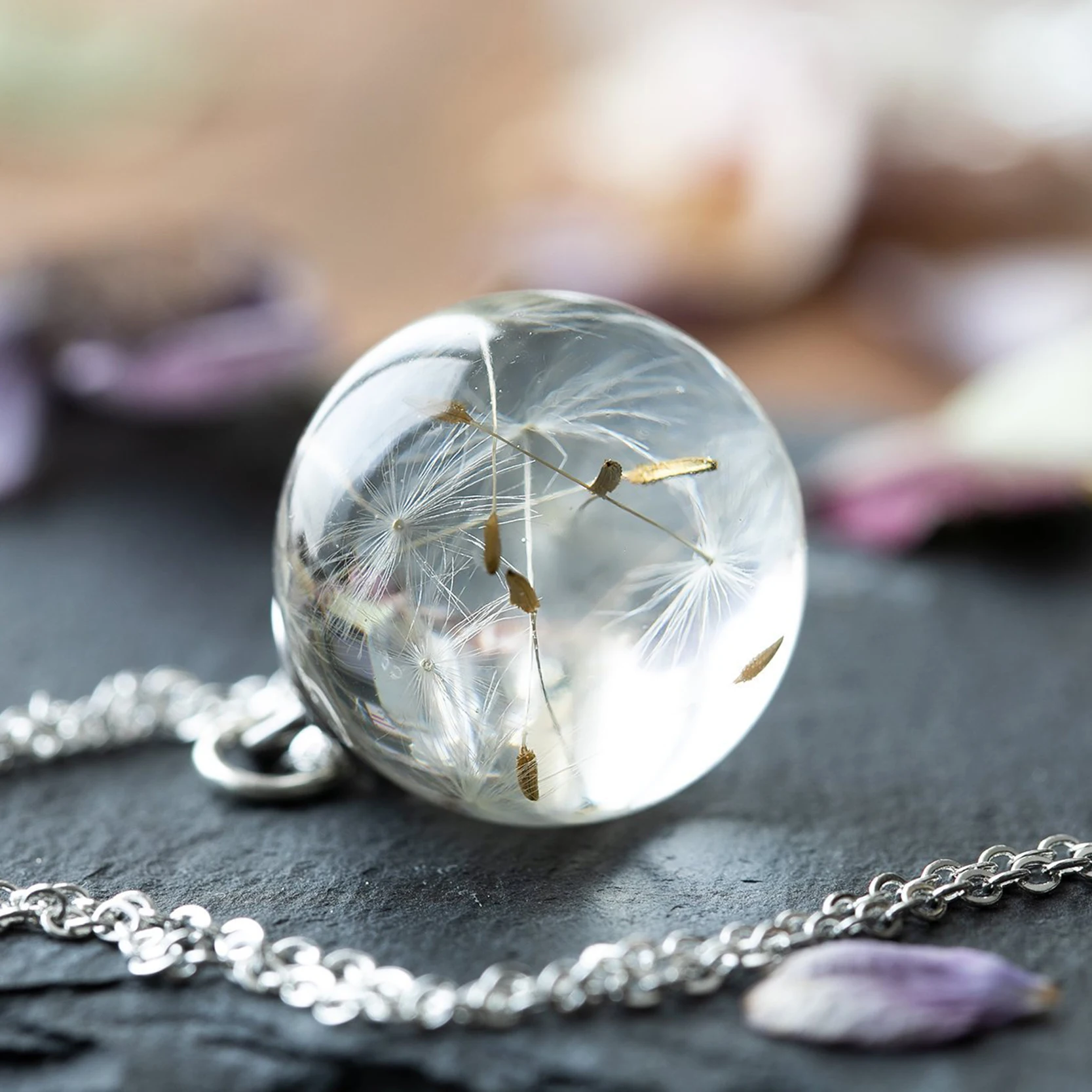 

Dandelion Wishing Necklace Real Dandelion Seeds In Clear Crystal Ball Pendant Necklace Handmade Gift for Her