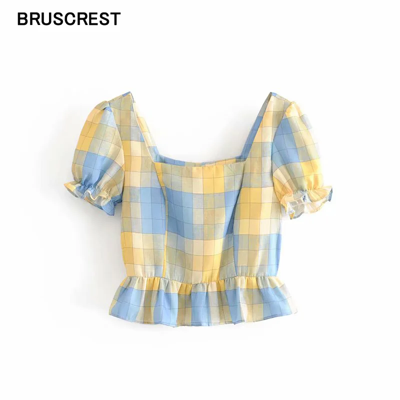 

Crop Tops ladies ruffle blouse vintage yellow plaid womens tops and blouses ladies shirts puff sleeve square neck top Summer