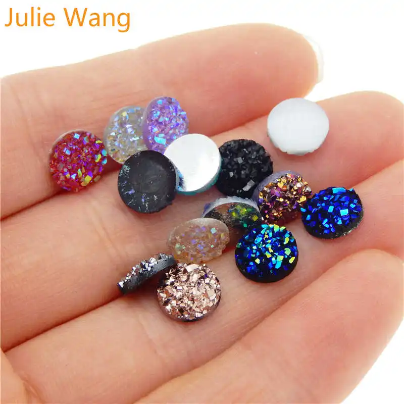 

Julie Wang 100pcs 8mm Flatback Resin Druzy Round Cabochons Cameo For Charms Pendant Bracelet Jewelry Making Accessory Findings