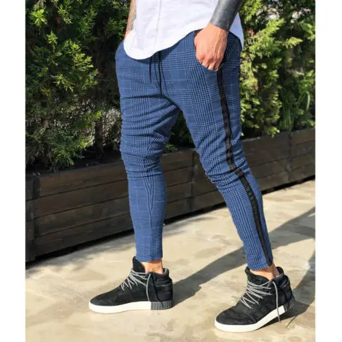 Newest arrival sexy plaid high waist solid Mens Gym Slim Fit Trousers Pants Tracksuit Casual Joggers Skinny Sports Bottoms M-3XL - Цвет: Синий