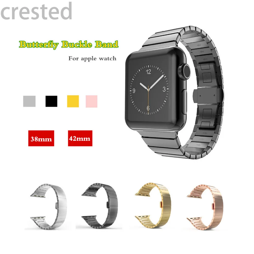 

CRESTED Luxury stainless steel strap For Apple watch band 38 mm 42 mm Link bracelet butterfly loop wrist watchband metal strap