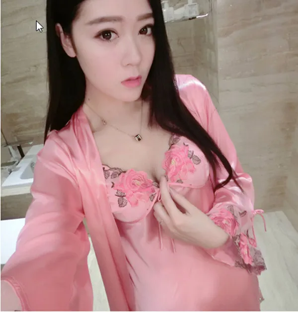 

2019 Spring autumn silk dressing gown pyjamas women sexy v-neck bath robe long sleeve bathrobe womens 2 pieces sleepwear set