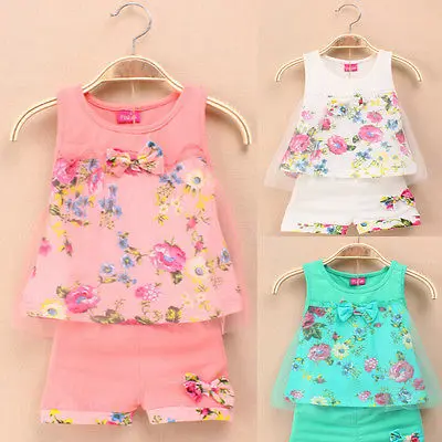 

2017 Baby Girls Clothes Sets Chiffon Outfits Floral Tops Vest + Shorts 2PCS Baby Girls Casual Sets Clothing