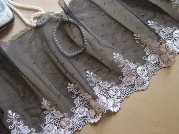 

10yards/lot 18cm width High quality Embroidered tulle Floral Lace trim in Black mesh for dress DIY