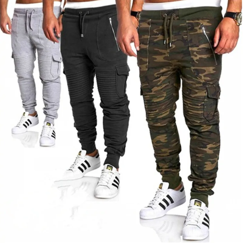 

Fashionable spring and autumn new Men fitness jogs camo pants sports pants stripe pleated pants casual pants overalls