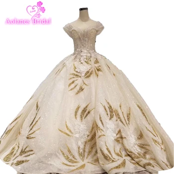 

Custom Made Crystals Sleeves Wedding Dress 2019 Gold Lace Bridal Gown Lace Appliques Wedding Dresses Romantic Bridal Ball Gown
