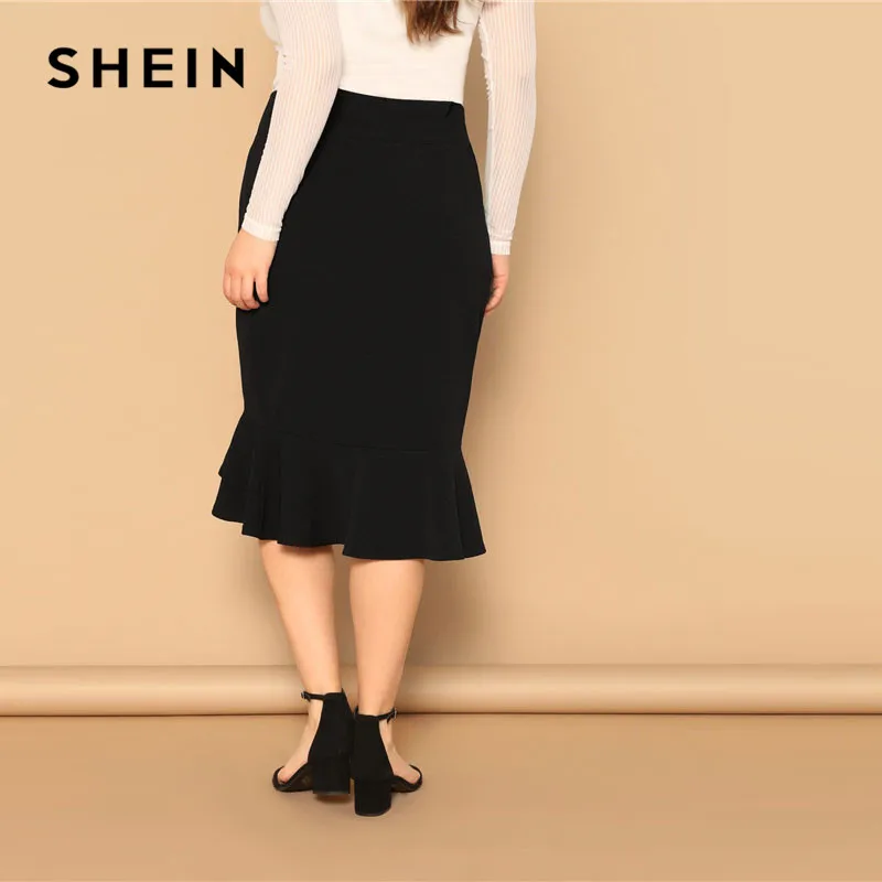 SHEIN черная Офисная Женская юбка с асимметричным подолом оборками размера плюс