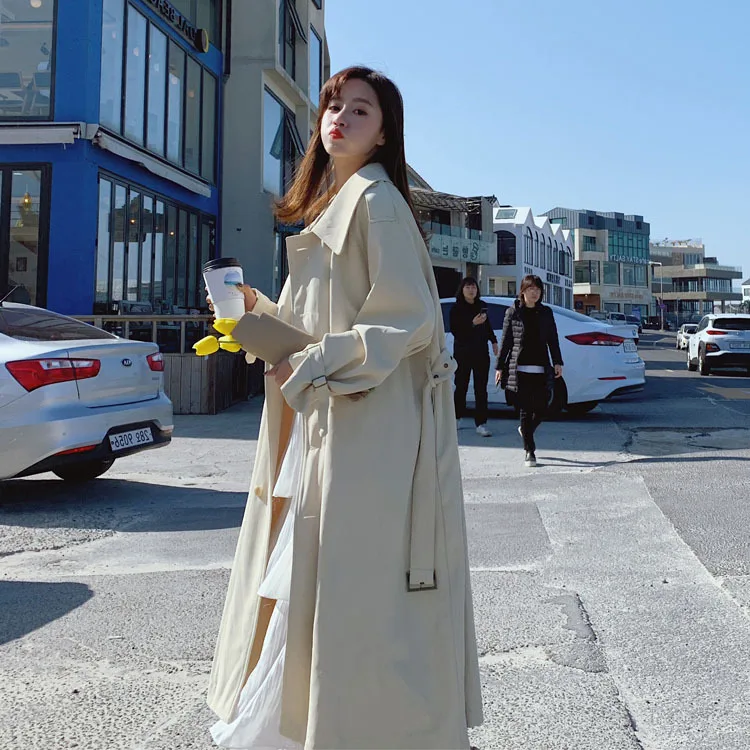 

Cream color long belt trench coat for women white plus size Korean new fashion female coats sweety waist with belt