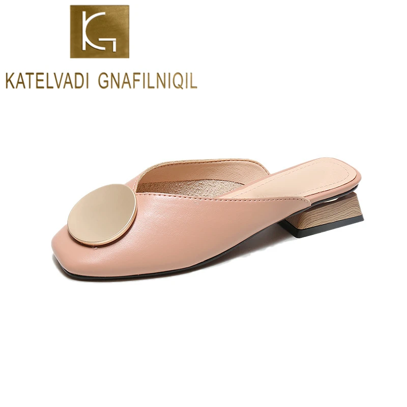 

KATELVADI Woman Slippers 2019 Summer Square Low Heels Square Toe Sweet Cute Slides Sandals Mules Plus Size 42 43 K-417