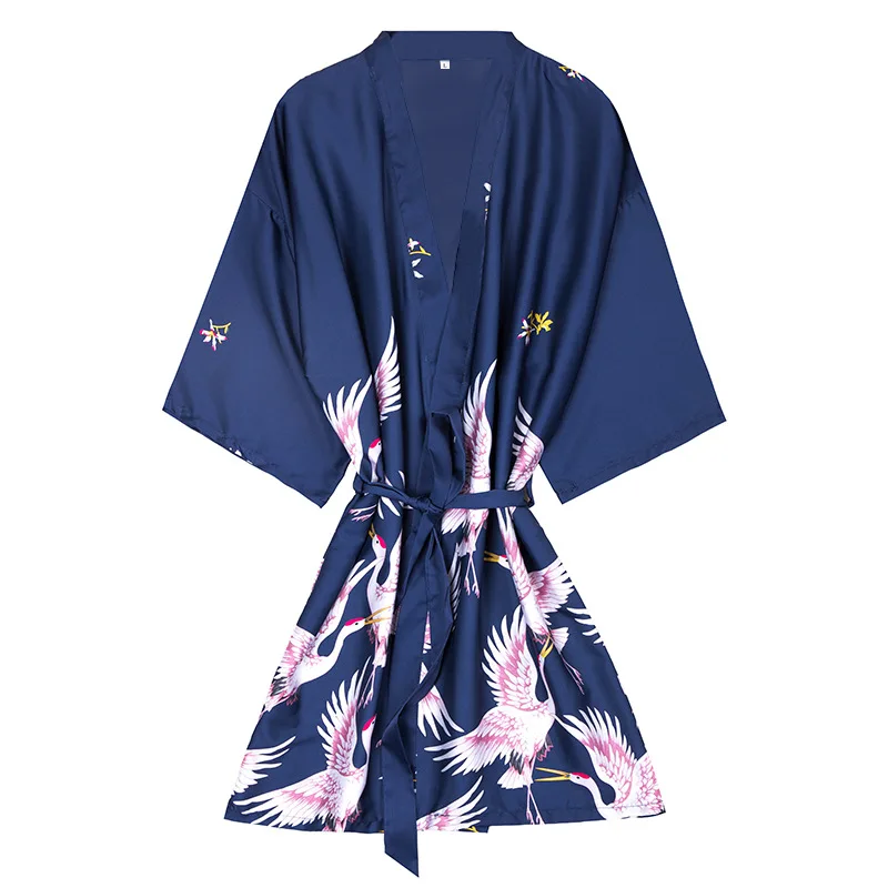 

New Style Navy Blue Ladies' Sexy Rayon Short Robe Women Elegant Print Nightgowns Kimono Bathrobe Flower Nightdress Size M-XXL