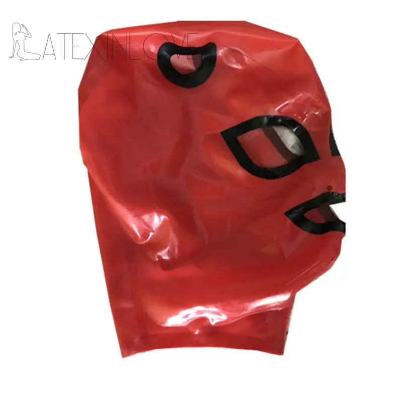 Sexy-Red Latex-Hood-Mask-Fetish-Pull-through-Holes-For-Hair-Open-Black-Eyes-Mouth-Trim -3