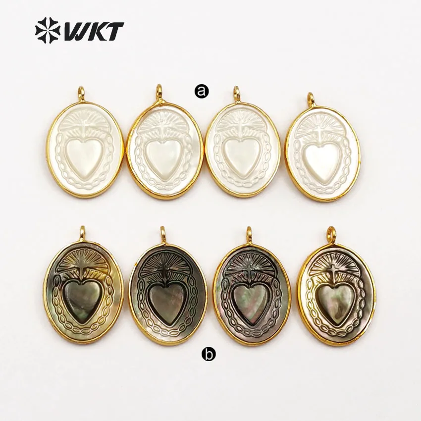 WT-JP055  WKT 2022 Mysterious Pattern jewelry  Oval Shape Sea Shell In Gold Bezel Pendant For Women Necklace Making