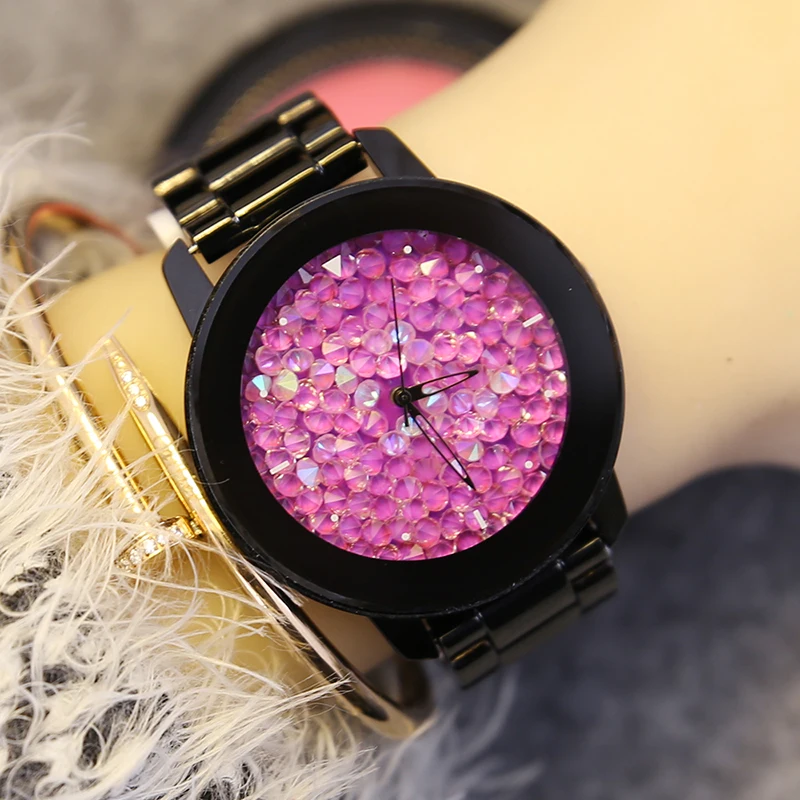 Fashion HK Luxury Brand Higth Quality Quartz Ladies Watch Full Black Steel Lady Dress Rhinestone Woman