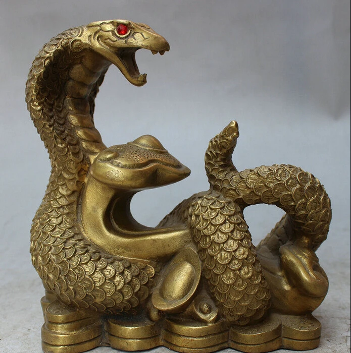

Folk Chinese Brass Animals Year Zodiac Wealth YuanBao Coin RuYi Snake Statue