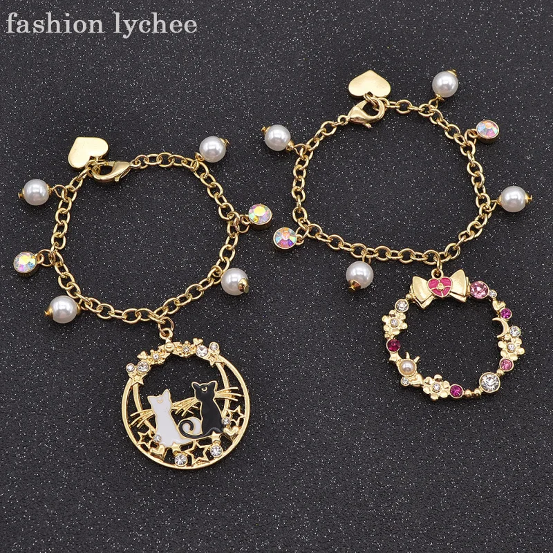 

fashion lychee Anime Sailor Moon Luna Artemis Cat Key Chain Faux Pearl Crystal Keychain Key Ring Bag Hanging Pendant Jewelry