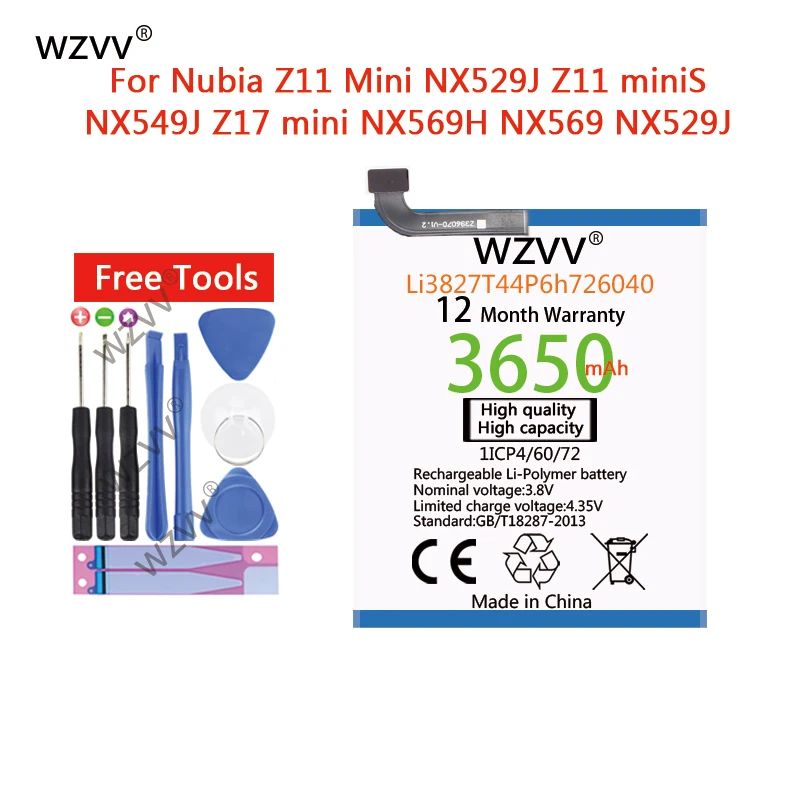 

wzvv 3650mAh high quality Li-Polymer Battery Li3827T44P6h726040 For ZTE Nubia Z11 Mini NX529J Batteries