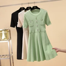 Шелковые трикотажные платья, летние, открытые, с круглым вырезом, с короткими рукавами, с высокой талией, средней длины, чайное, зеленое платье на платформе для женщин