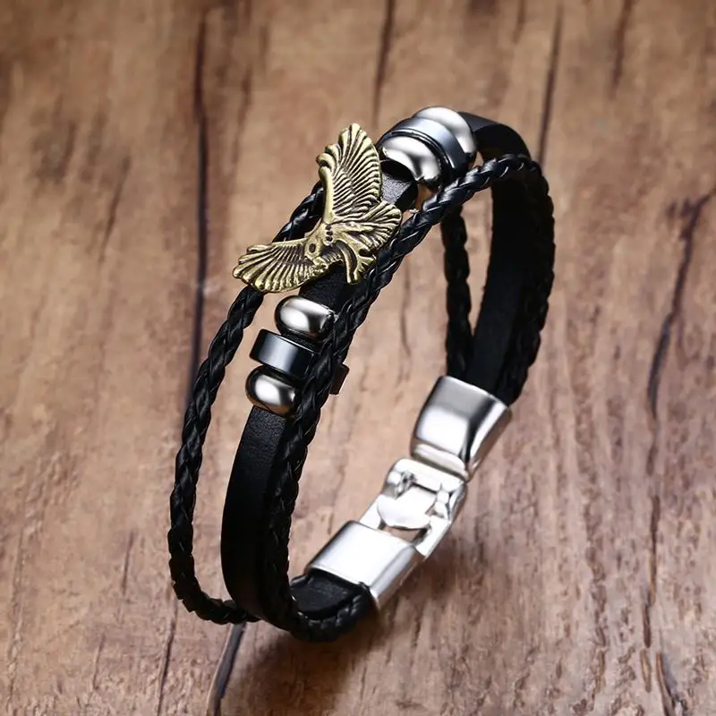

Mens Vintage Bracelet Bronze Eagle & Hematite Beaded Braided Leather Multi-strand Wristband Wrap Bracelet Tribal Men Jewelry