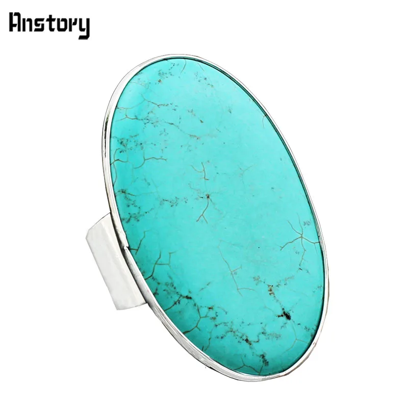 Smooth Surface Natural Oval Stone Adjustable Rings For Women Vintage Antique Silver Plated Fashion Jewelry R459
