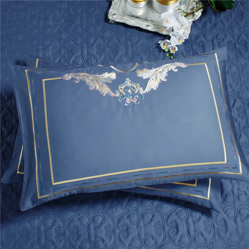 Waliicorners Blue Luxury Royal Bedding set King Queen size Bed set Embroidery Satin Jacquard duvet cover bed/flat sheet set bed cover set 17 N42A9821