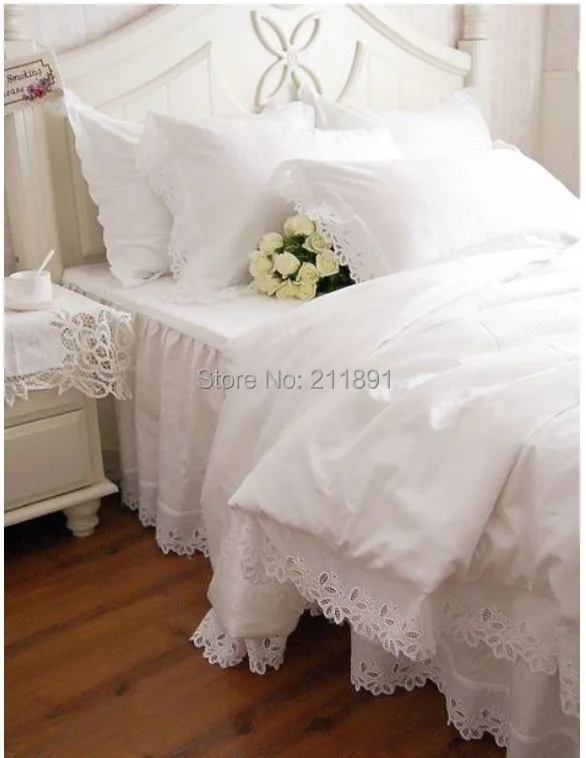 Европейский набор постельных принадлежностей белый выдалбливают Вышивка постельное белье принцесса пододеяльник хлопок сплошной рюшами Покрывало кружева кровать юбка
