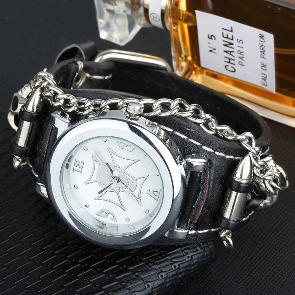 

3D Skull Head Men Watch Rivet Chain Skeleton Cowboy Men's Bracelet Wrist Watches Punk Rock Singer Quartz Watch Male Wristwatches