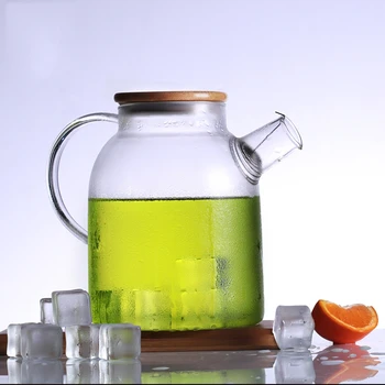

1000ml/1800ml Glass Kettle Water Jug Heat Resistant Flower Teapot With Bamboo Lid Stainless Steel Filter Clear Juice Container