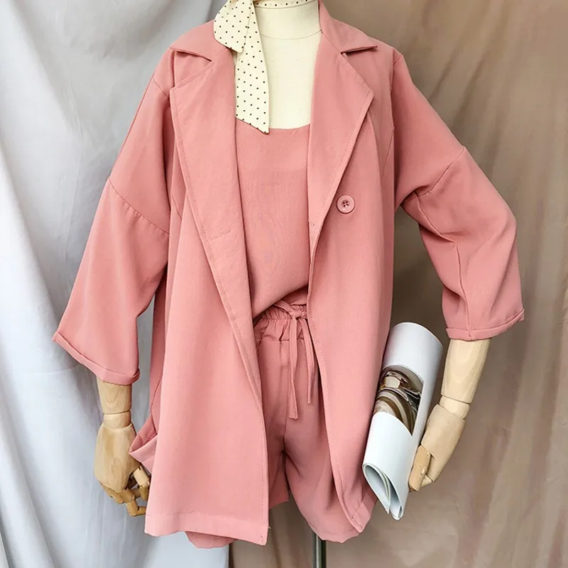 

Women's Suits Sets Women 2019 New Pink Suit Shirt Shorts 3 pieces Sets Spring Office lady Formal Outwear Sets