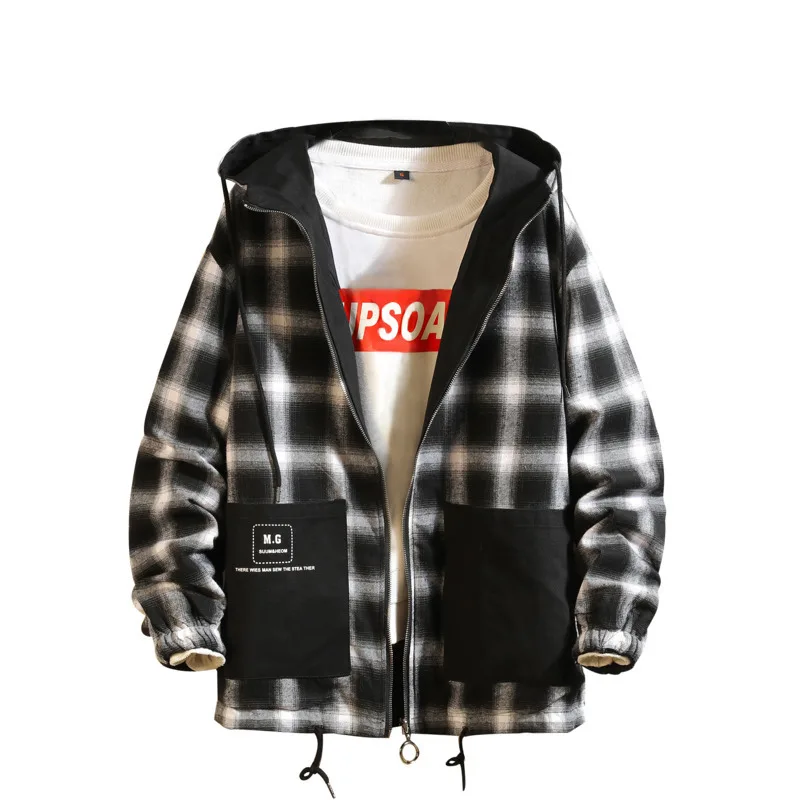 Spring New Plaid Jacket Men Fashion Retro Two-sided Wear Casual Hooded Jacket Man Streetwear Hip Hop Loose Bomber Jacket M-5XL Spring New Plaid Jacket Men Fashion Retro Two-sided Wear Casual Hooded Jacket Man Streetwear Hip Hop Loose Bomber Jacket M-5XL