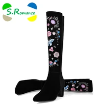 S.romance/женские ботинки новая женская обувь в китайском стиле, на необычном каблуке, с круглым носком, на молнии, из кожи, размеры 34-43 зимние ботинки черный цвет, SB1048